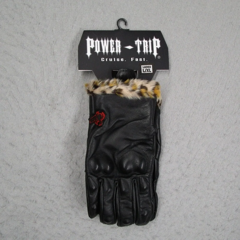 Power Trip Black Widow Leather Motorcycle Gloves Leopard Fur Trim 646-0005 L/XL